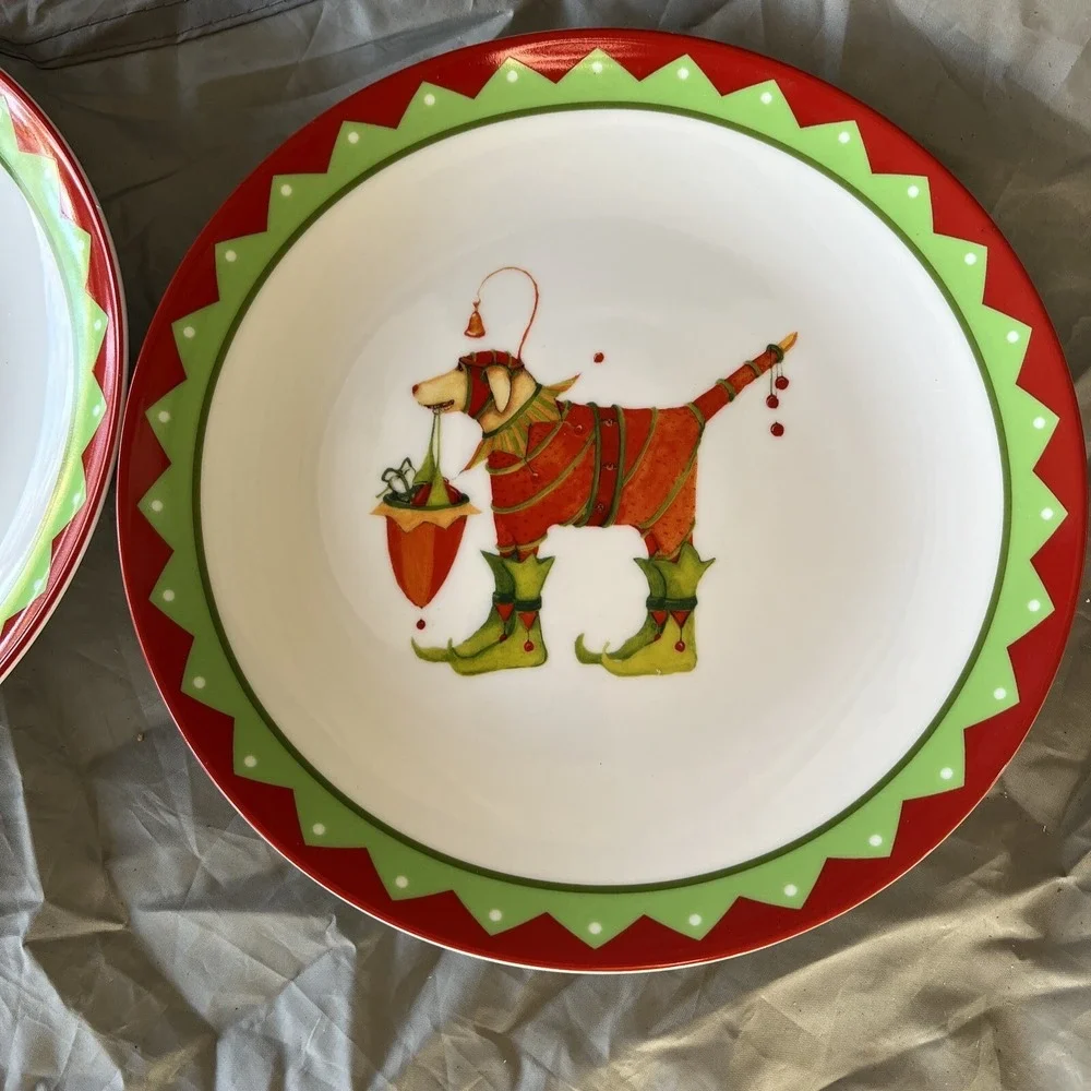 (2) Dept 56 Patience Brewster Krinkles Christmas Dog in Elf Boots Dessert Plates